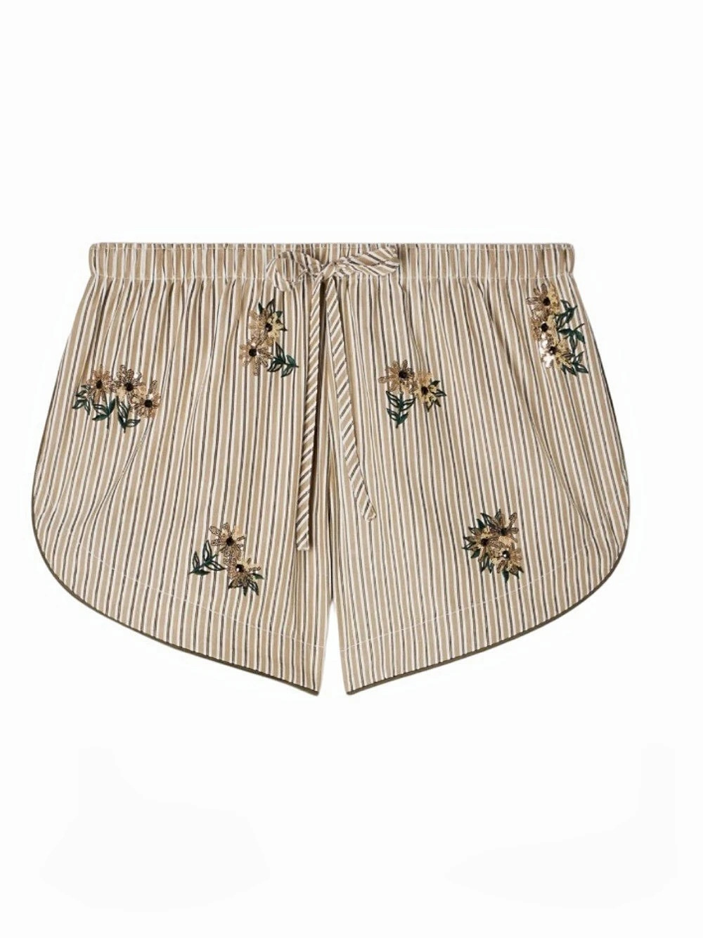 Sandro Floral Embroidered Striped Shorts 2 in Beige & Brown